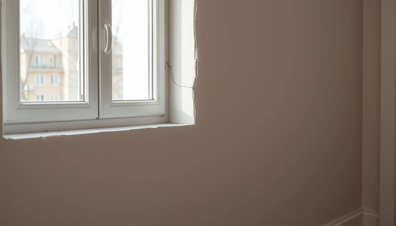 KI-Symbolbild: Ein feiner Riss im Putz neben einem Fenster in einem hellen, leeren Neubauraum.