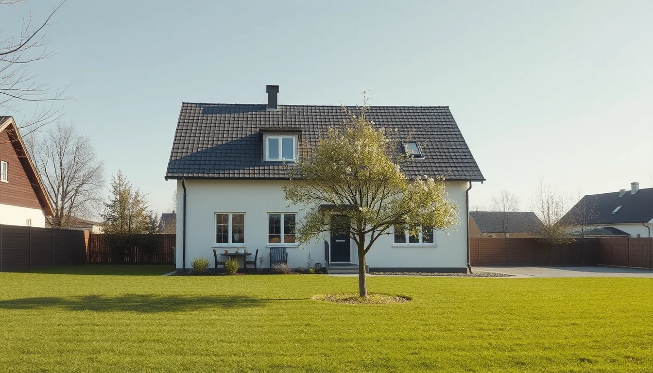 KI-Symbolbild: Ein neu gebautes Einfamilienhaus mit frischem Rasen und einem jungen blühenden Baum im Vorgarten an einem klaren Frühlingsmorgen.