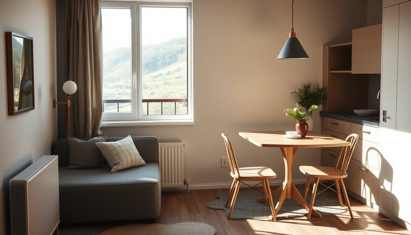 KI-Symbolbild: Eine kleine helle Wohnung mit Sofa, einem Esstisch mit zwei Stühlen und Blick durch das Balkonfenster auf grüne Hügel.