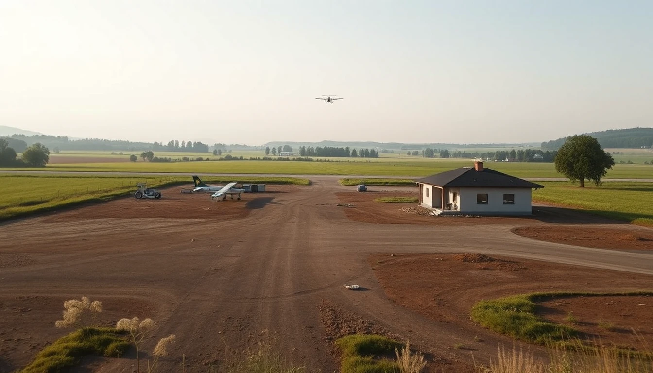 KI-Symbolbild: Eine offene Baufläche am Ortsrand mit einem kleinen Haus, daneben ein Sportflugplatz mit Leichtflugzeugen und weitem Himmel.