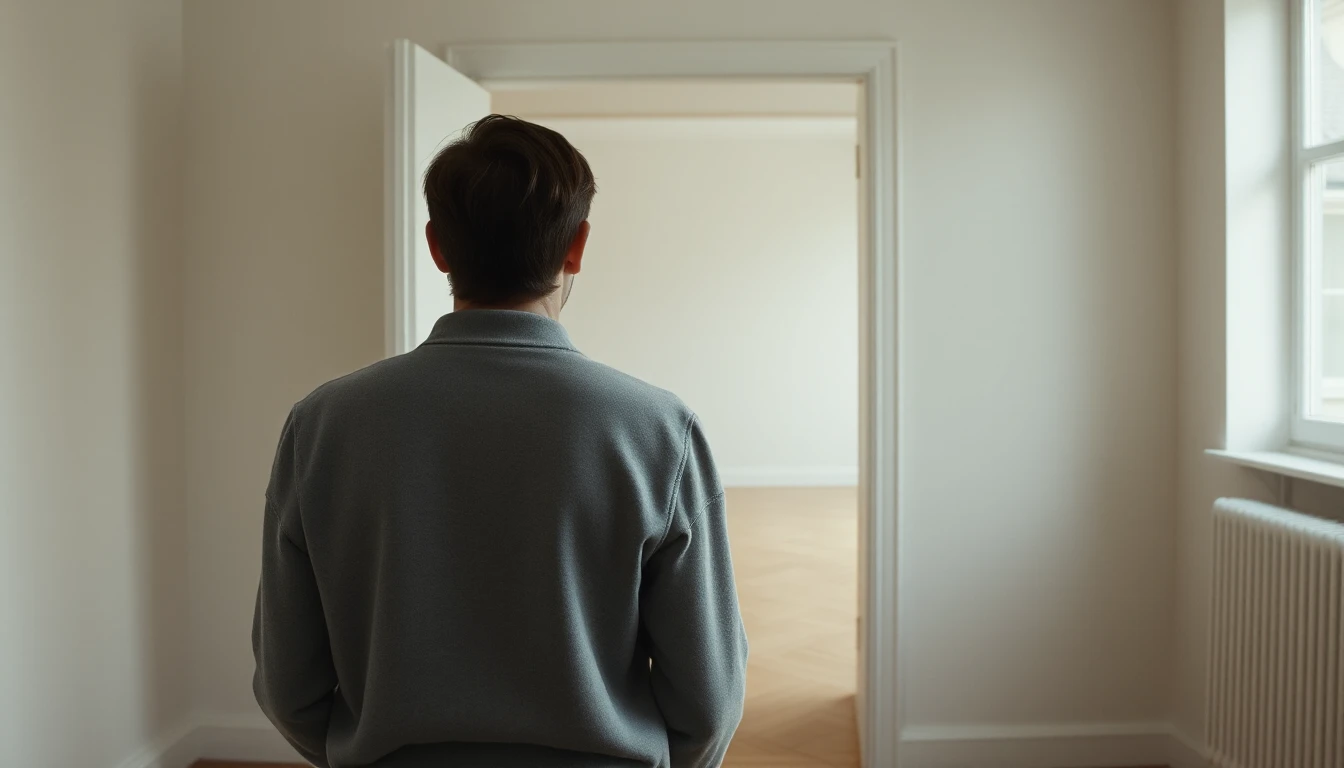 KI-Symbolbild: Eine Person steht von hinten gesehen in der Tür und blickt in einen hellen, leeren Raum mit kahlen Wänden.