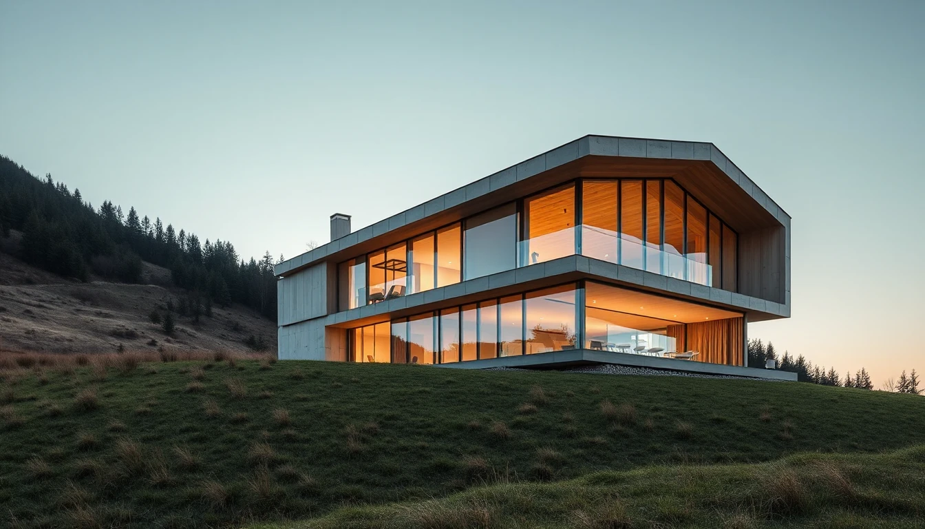 KI-Symbolbild: Ein modernes Architektenhaus aus Beton, Glas und Holz an einem Wiesenhang im Abendlicht.