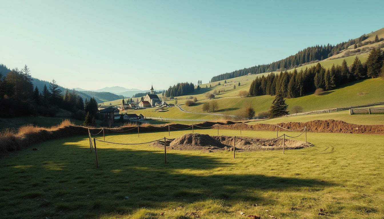 KI-Symbolbild: Ein grünes Grundstück mit einer abgesperrten Grabungsfläche, im Hintergrund ein Dorf mit Kirche in hügeliger Landschaft.