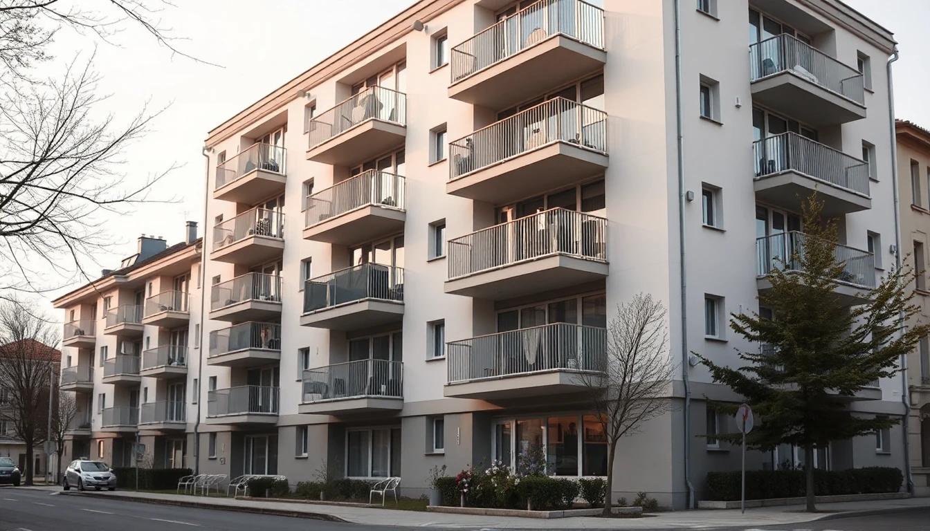 KI-Symbolbild: Ein modernes Wohnhaus mit klaren Linien und großen Balkonen in einer ruhigen Wohnstraße.