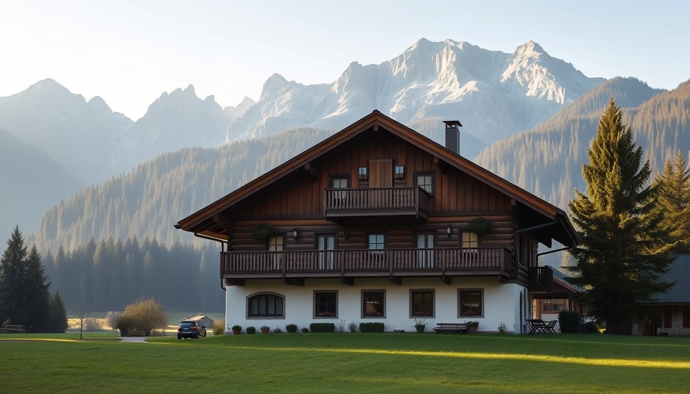 KI-Symbolbild: Ein traditionelles Tiroler Bauernhaus mit Holzbalkonen vor Wiesen, Wald und hohen Bergen an einem klaren Morgen.