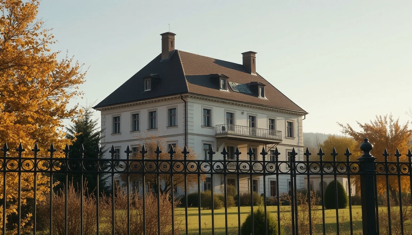 KI-Symbolbild: Eine stattliche ältere Villa mit Walmdach hinter einem schmiedeeisernen Zaun, umgeben von herbstlichen Bäumen.