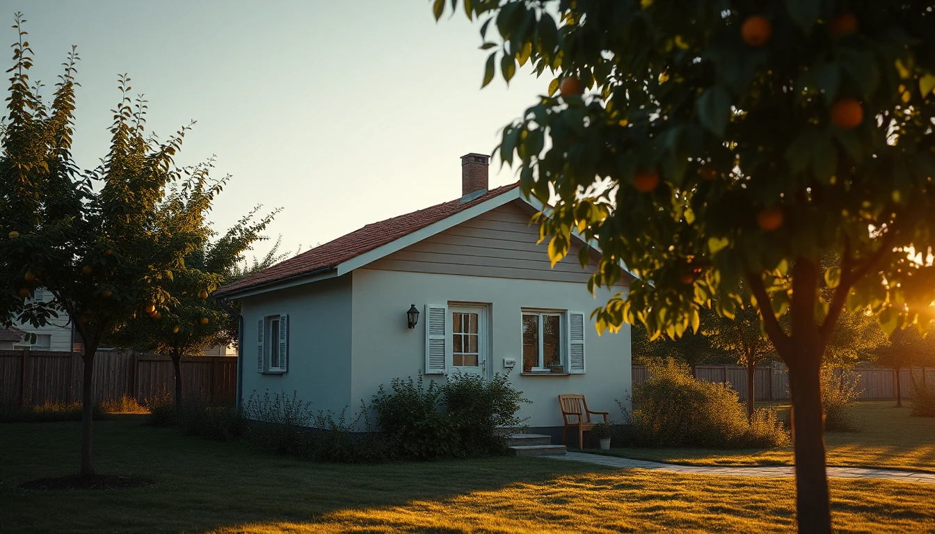 KI-Symbolbild: Ein kleines eingeschoßiges Haus in einem Garten mit Obstbäumen im warmen Licht eines Sommerabends.