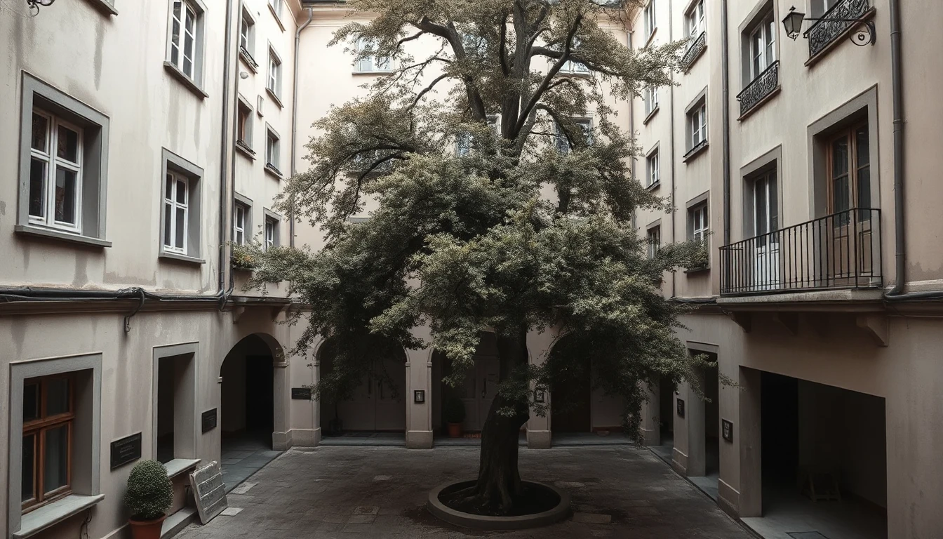 KI-Symbolbild: Der Innenhof eines alten Wiener Wohnhauses mit verwitterten Fassaden, Balkonen und einem großen Baum in der Mitte.