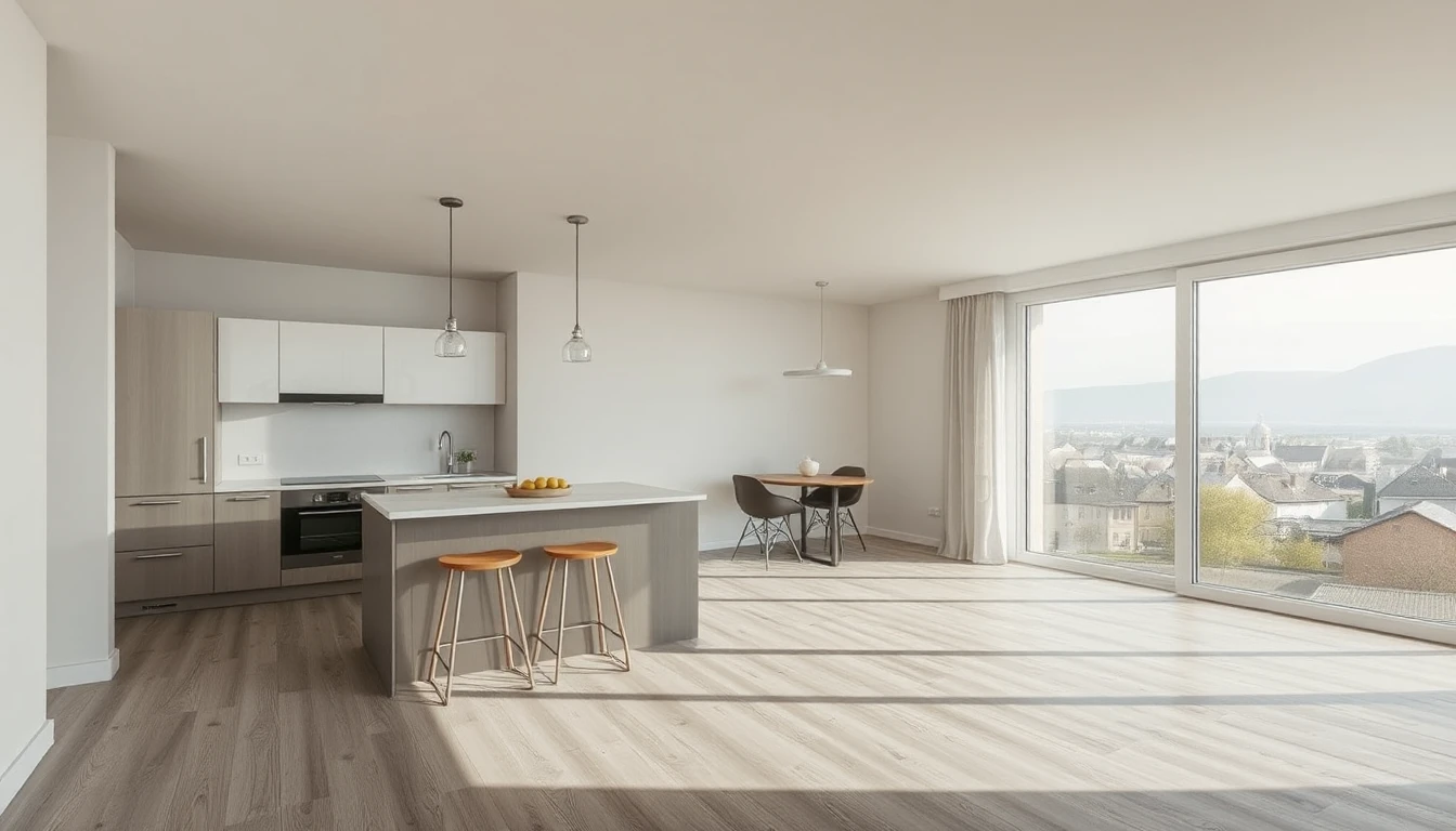 KI-Symbolbild: Eine neue Wohnung mit moderner Einbauküche, leerem Wohnbereich und großem Fenster mit Blick auf eine Stadt vor Bergen.