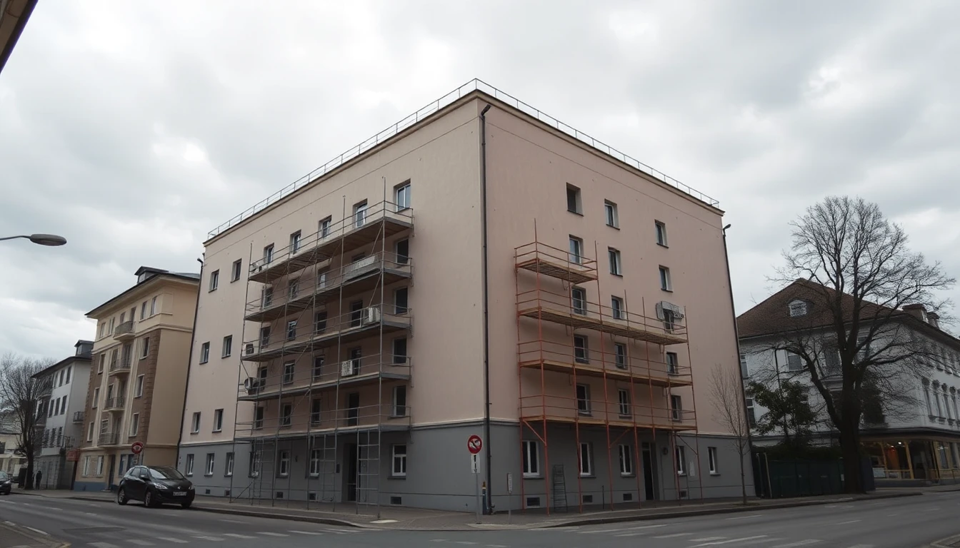 KI-Symbolbild: Ein fast fertiges Wohnhaus mit Gerüst an der Fassade unter grauem Himmel an einer ruhigen Straße.