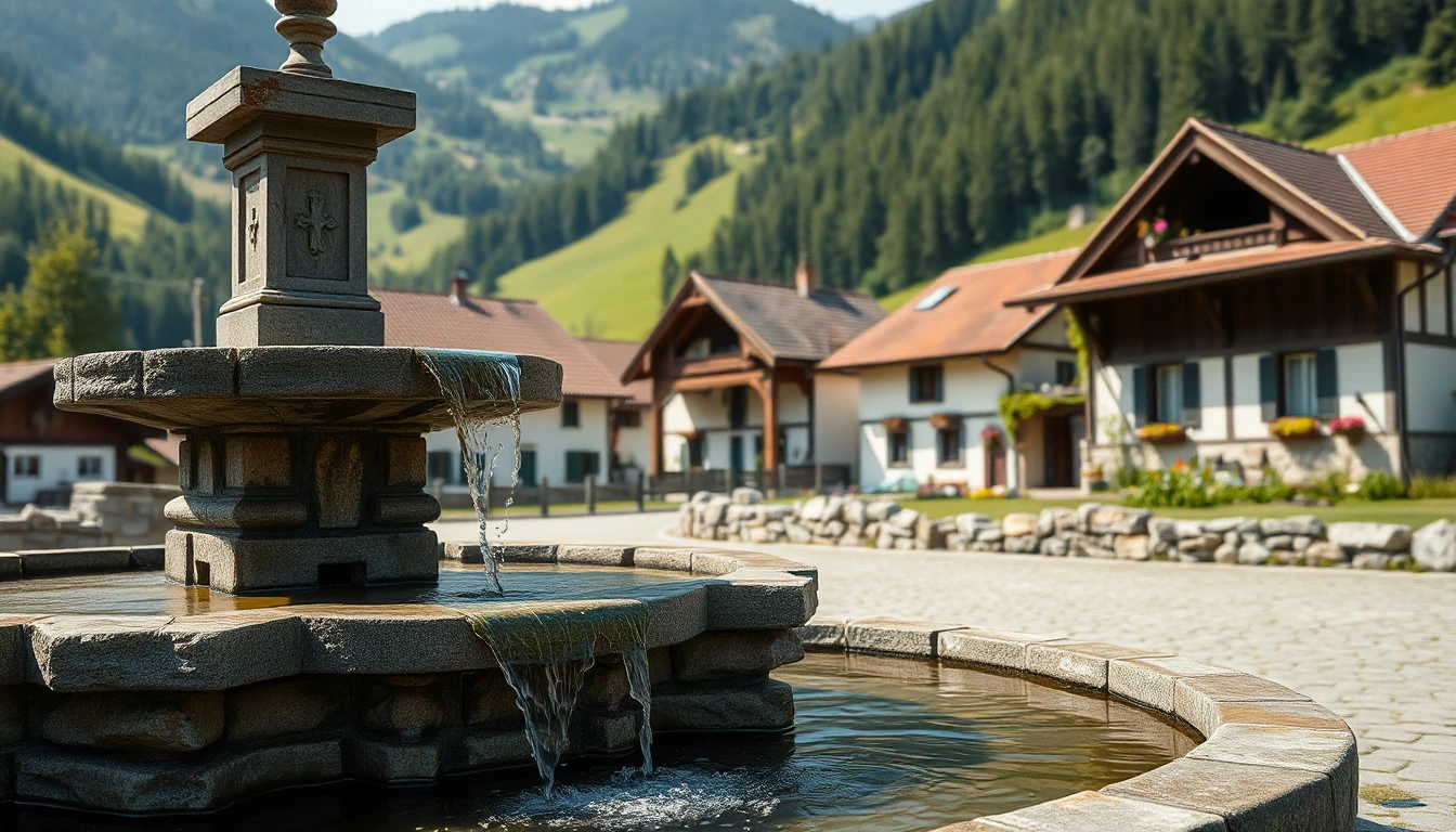 KI-Symbolbild: Ein steinerner Dorfbrunnen mit klarem fließendem Wasser vor Bauernhäusern und grünen Hügeln im Morgenlicht.