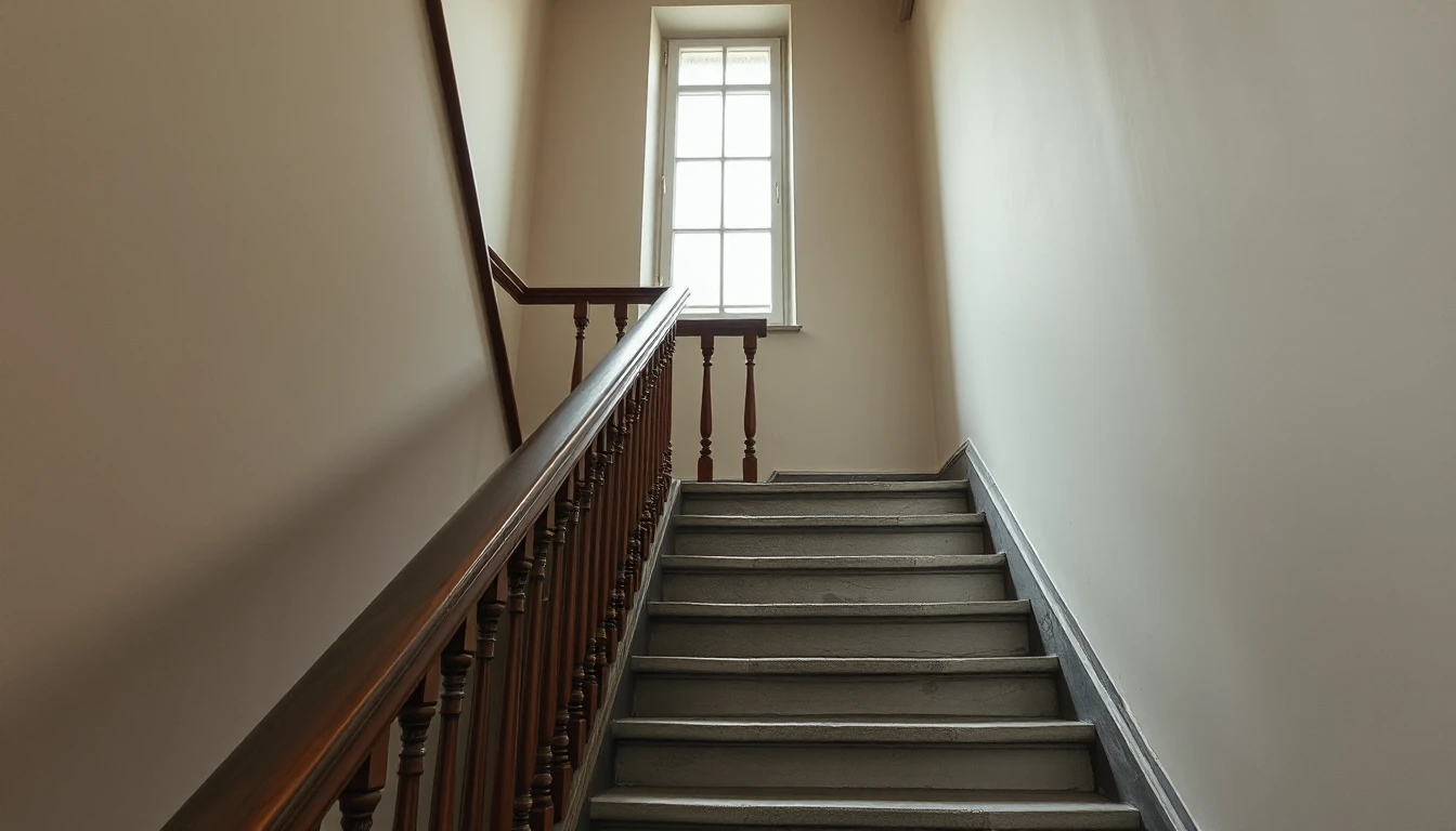KI-Symbolbild: Das Stiegenhaus eines älteren Wohnhauses mit Holzhandlauf, steinernen Stufen und Tageslicht durch ein hohes Fenster.