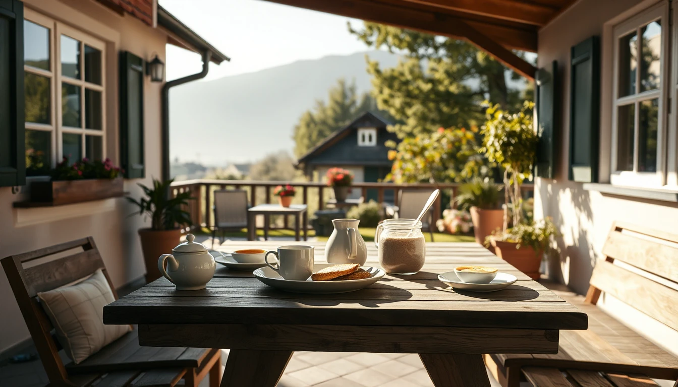KI-Symbolbild: Eine sonnige Hausterrasse mit gedecktem Frühstückstisch aus Holz, dahinter Garten und Berge im Morgenlicht.
