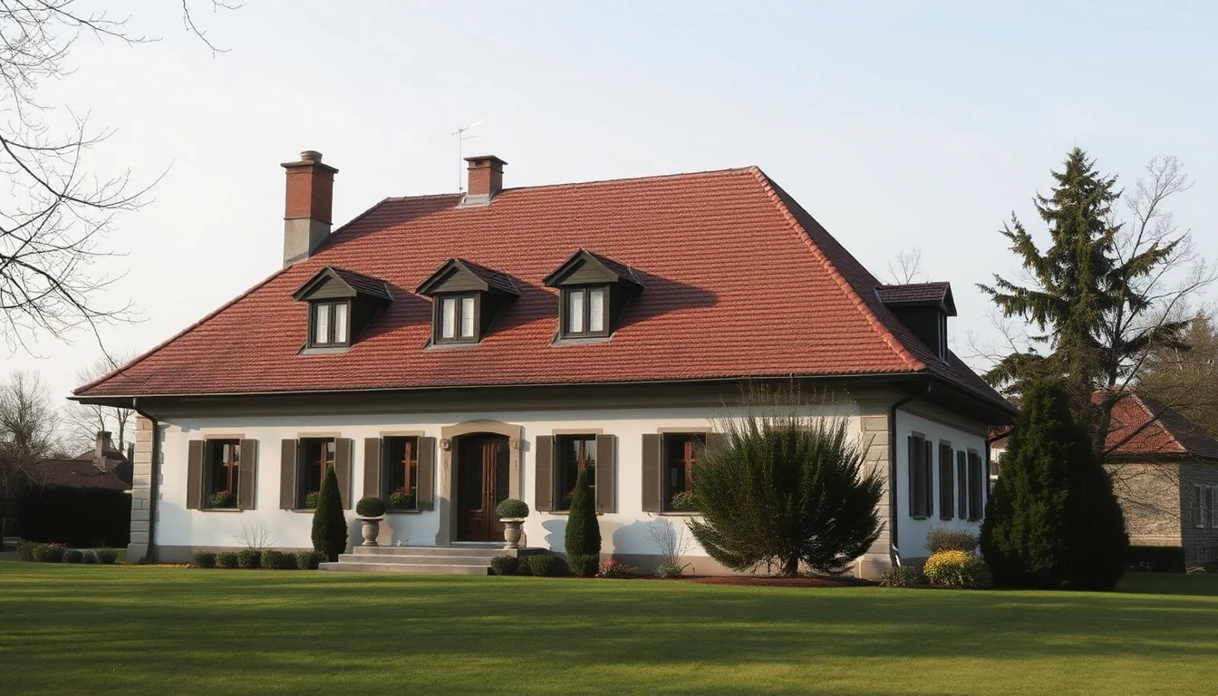 KI-Symbolbild: Ein weiß verputztes Landhaus mit breitem rotem Walmdach und drei Gauben steht hinter einer großen Rasenfläche.