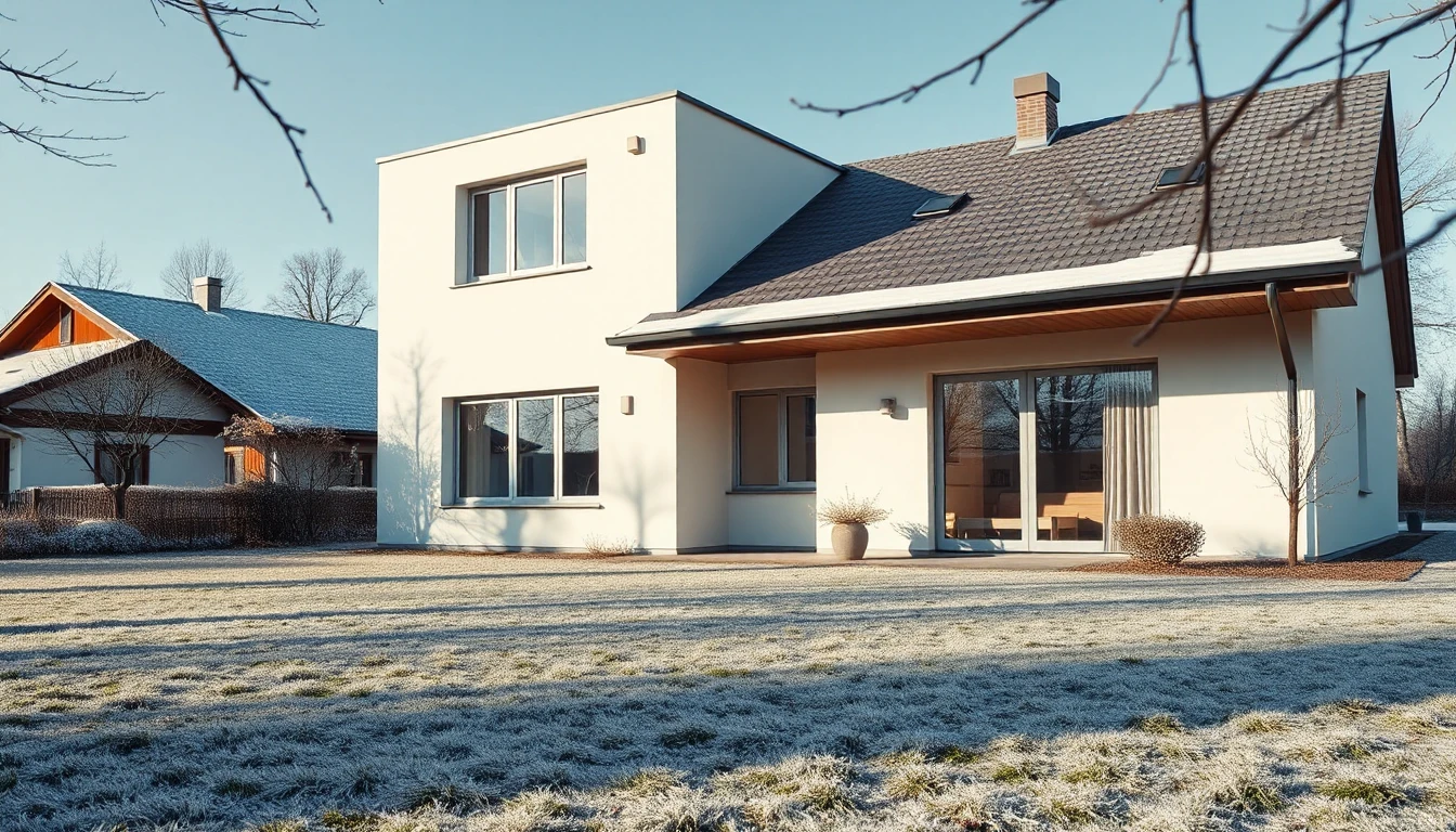 KI-Symbolbild: Ein modernes Einfamilienhaus mit hellem Putz und großen Fenstern steht an einem Wintermorgen hinter einem bereiften Rasen.