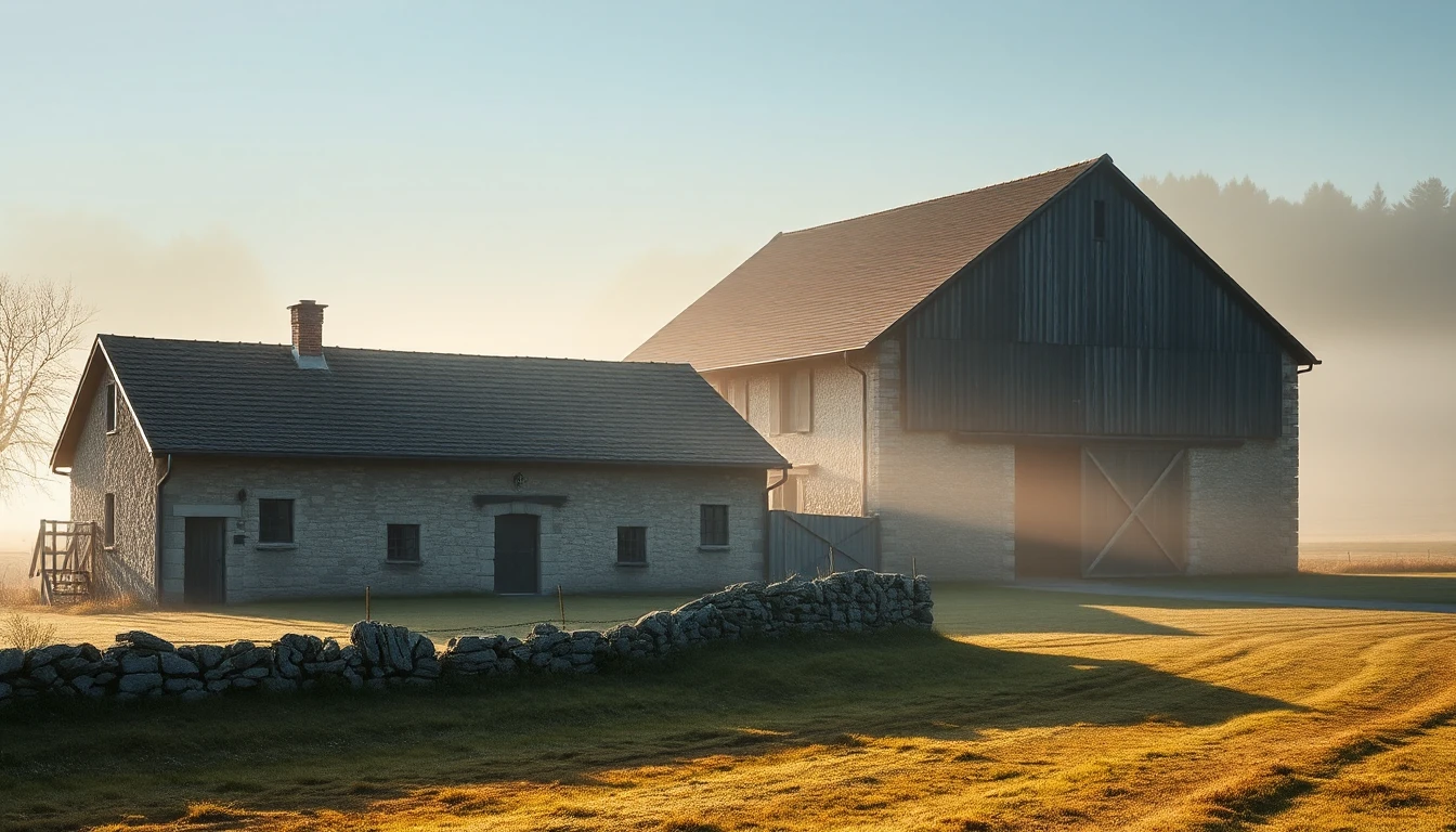KI-Symbolbild: Ein altes Bauernhaus aus Stein und eine große Scheune stehen im Morgennebel hinter einer niedrigen Steinmauer.