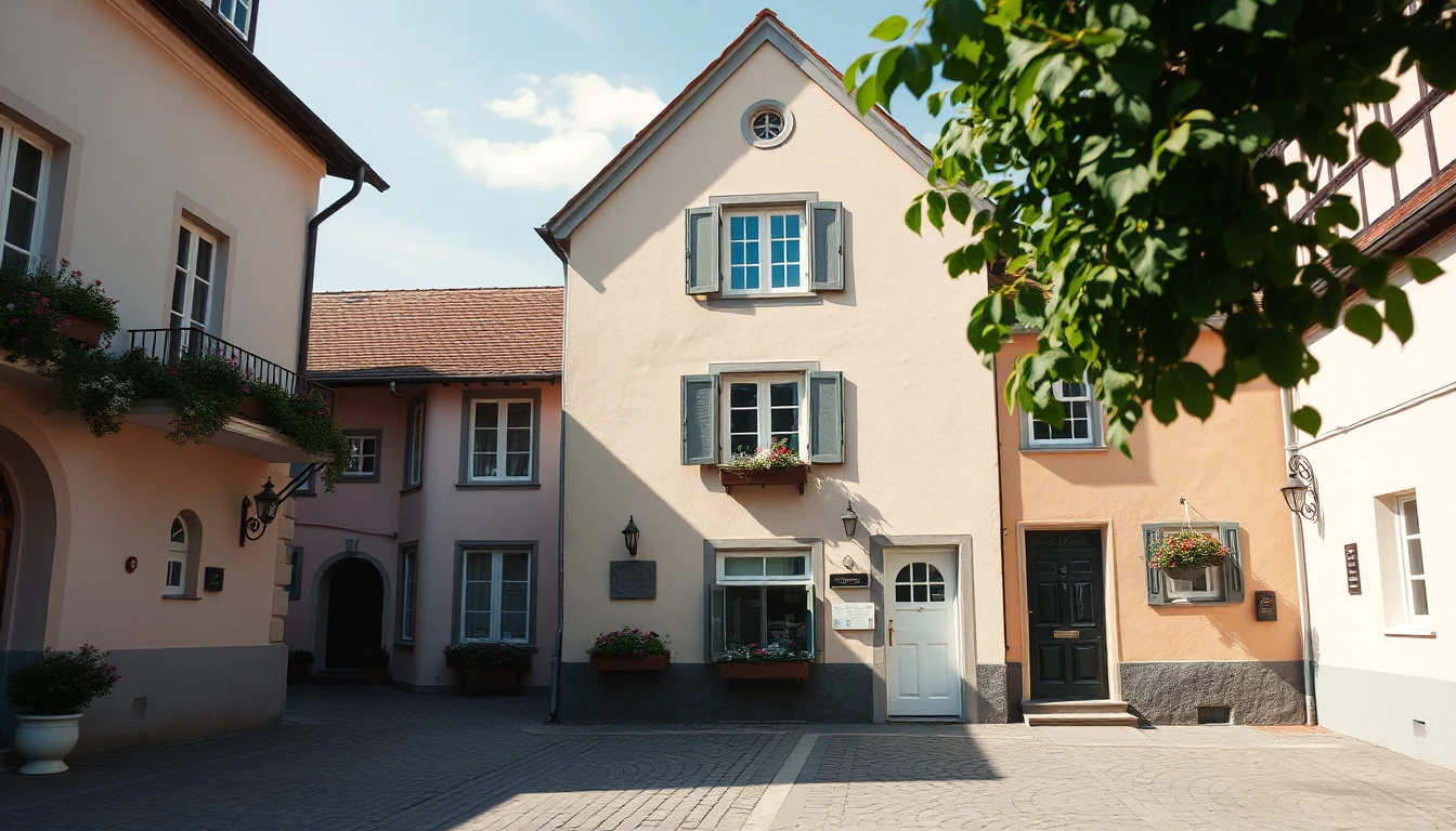 KI-Symbolbild: Ein schmales renoviertes Stadthaus mit heller Pastellfassade, Fensterläden und Blumenkästen steht an einem gepflasterten Marktplatz.
