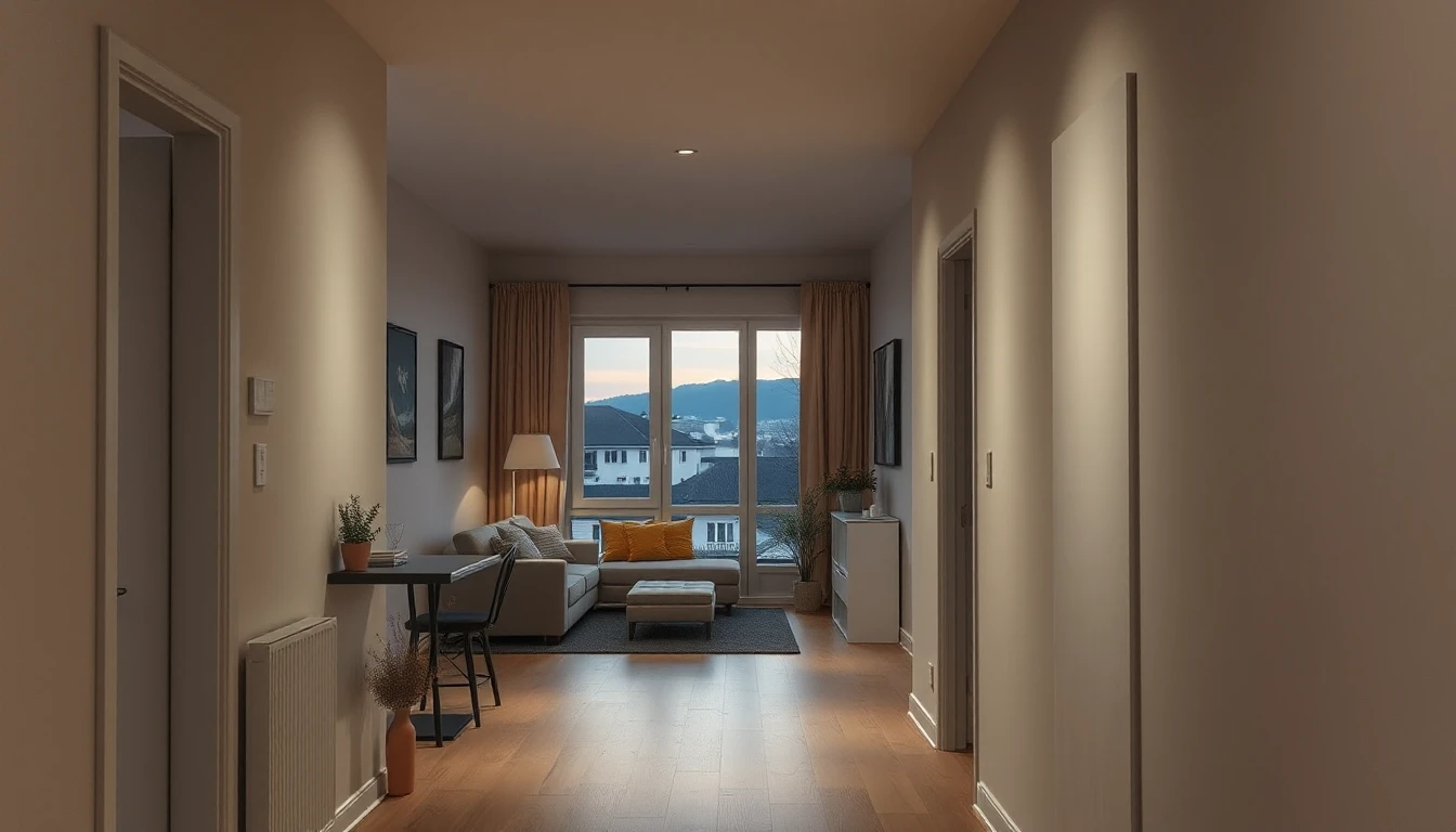 KI-Symbolbild: Ein heller Wohnungsflur führt in ein Wohnzimmer, dessen Fenster in der Abenddämmerung auf Häuser und Hügel blickt.