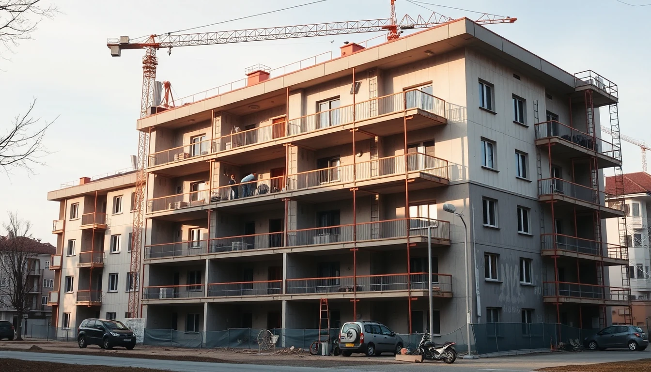 KI-Symbolbild: Ein mehrgeschossiges Wohnhaus im Rohbau mit Gerüststangen steht unter einem Baukran, davor parken Autos.