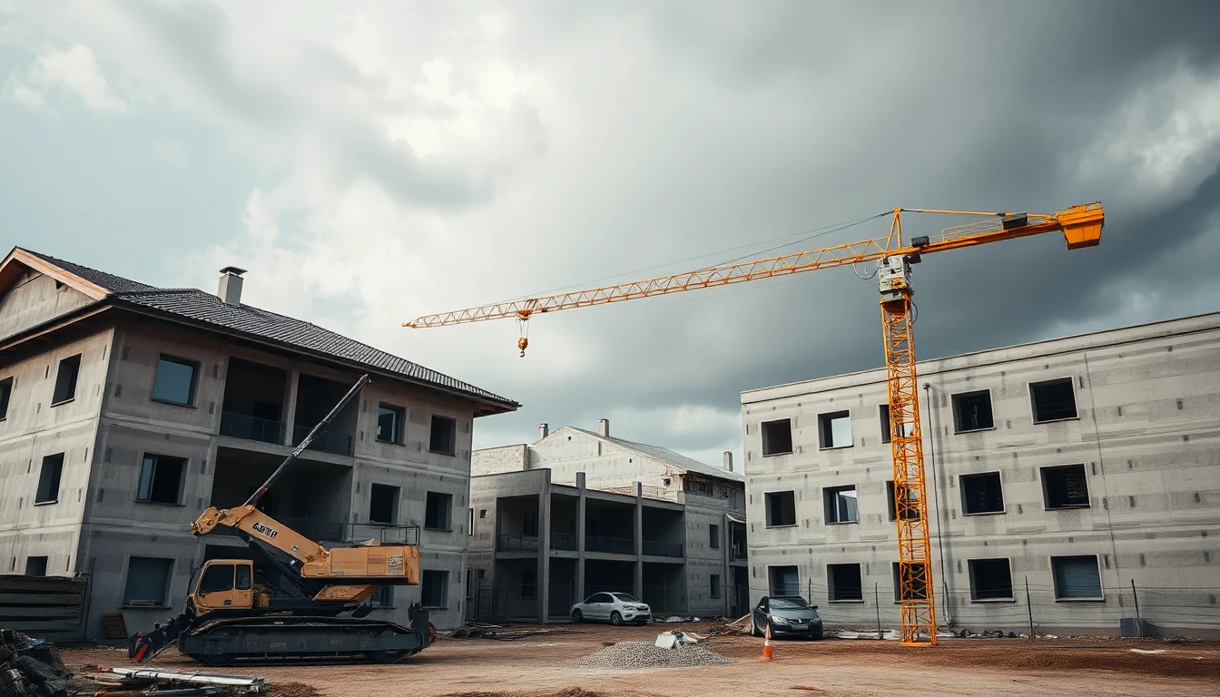 KI-Symbolbild: Eine stillstehende Wohnbaustelle mit unverputzten Betonbauten, einem Baukran und einem abgestellten Bagger unter Wolken.