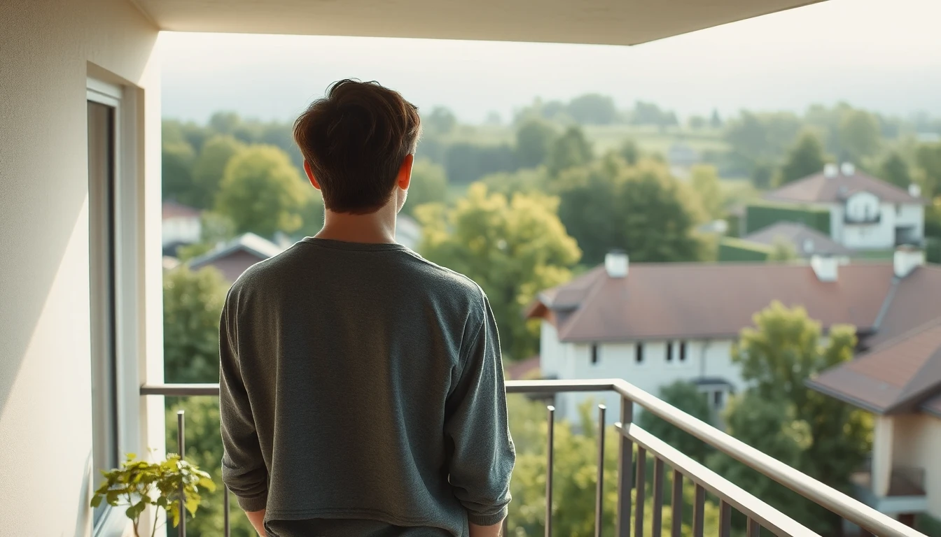 KI-Symbolbild: Eine junge Person steht von hinten gesehen auf einem Balkon und blickt über eine grüne Wohngegend mit Einfamilienhäusern.