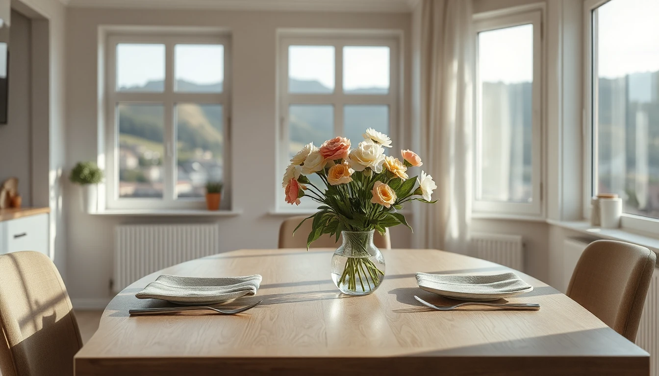 KI-Symbolbild: Ein gedeckter Holztisch mit einer Vase frischer Blumen steht in einer hellen Wohnung mit großen Fenstern und Blick auf Hügel.