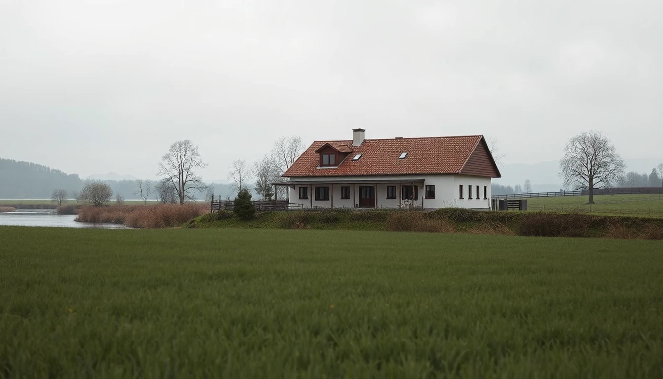 KI-Symbolbild: Freistehendes Haus mit rotem Ziegeldach hinter einer weiten grünen Wiese am Flussufer unter bedecktem Himmel.
