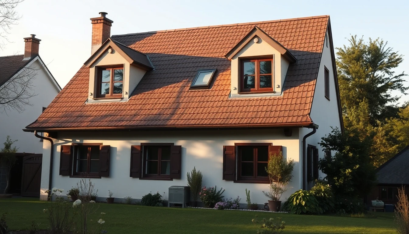 KI-Symbolbild: Ein älteres weißes Haus mit ausgebautem Ziegeldach und zwei Gauben steht im warmen Abendlicht hinter einem Garten.
