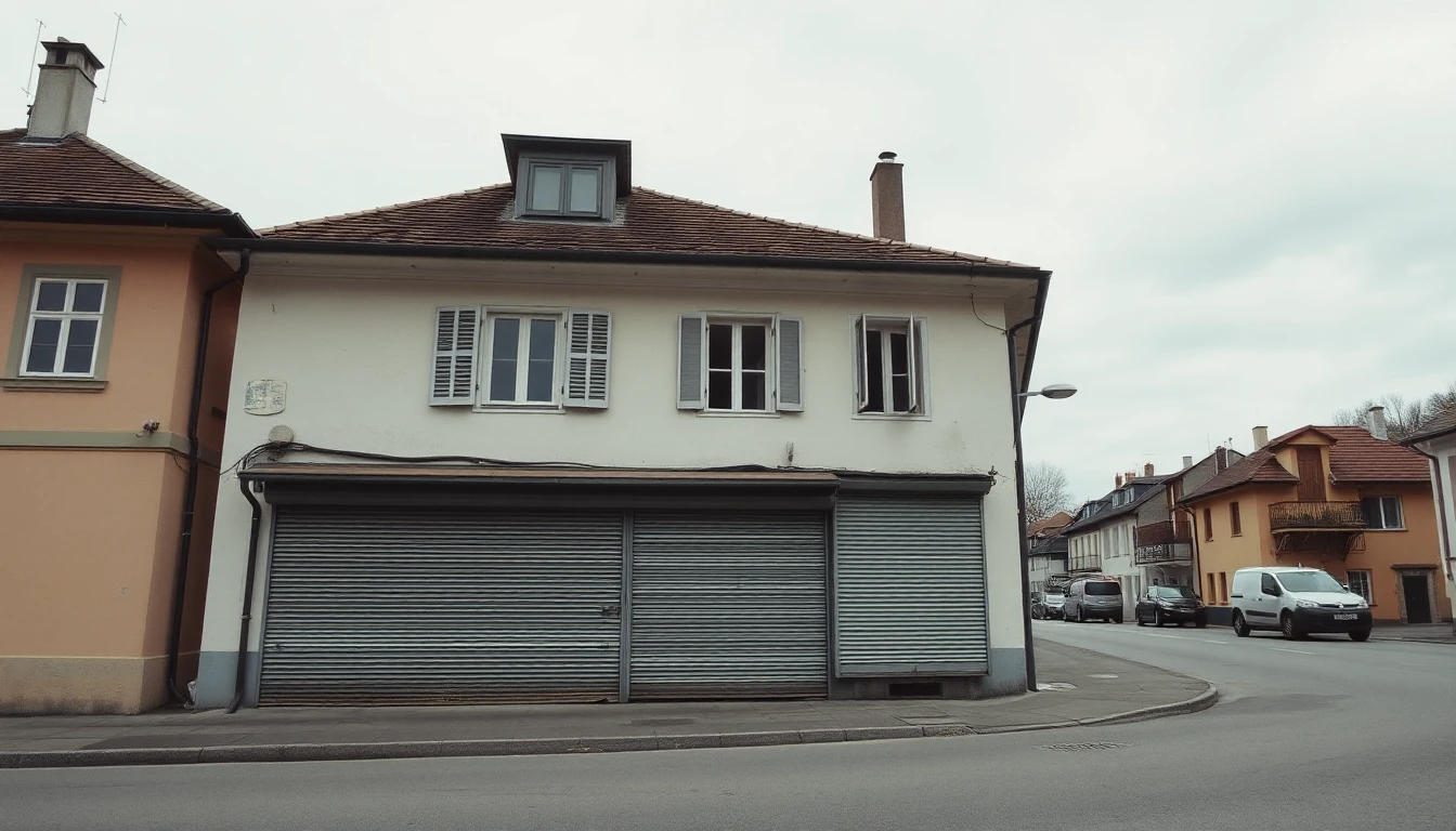KI-Symbolbild: Ein leerstehendes Haus mit geschlossenen Rollläden im Erdgeschoss und Wohnungen darüber steht an einer ruhigen Kleinstadtstraße.
