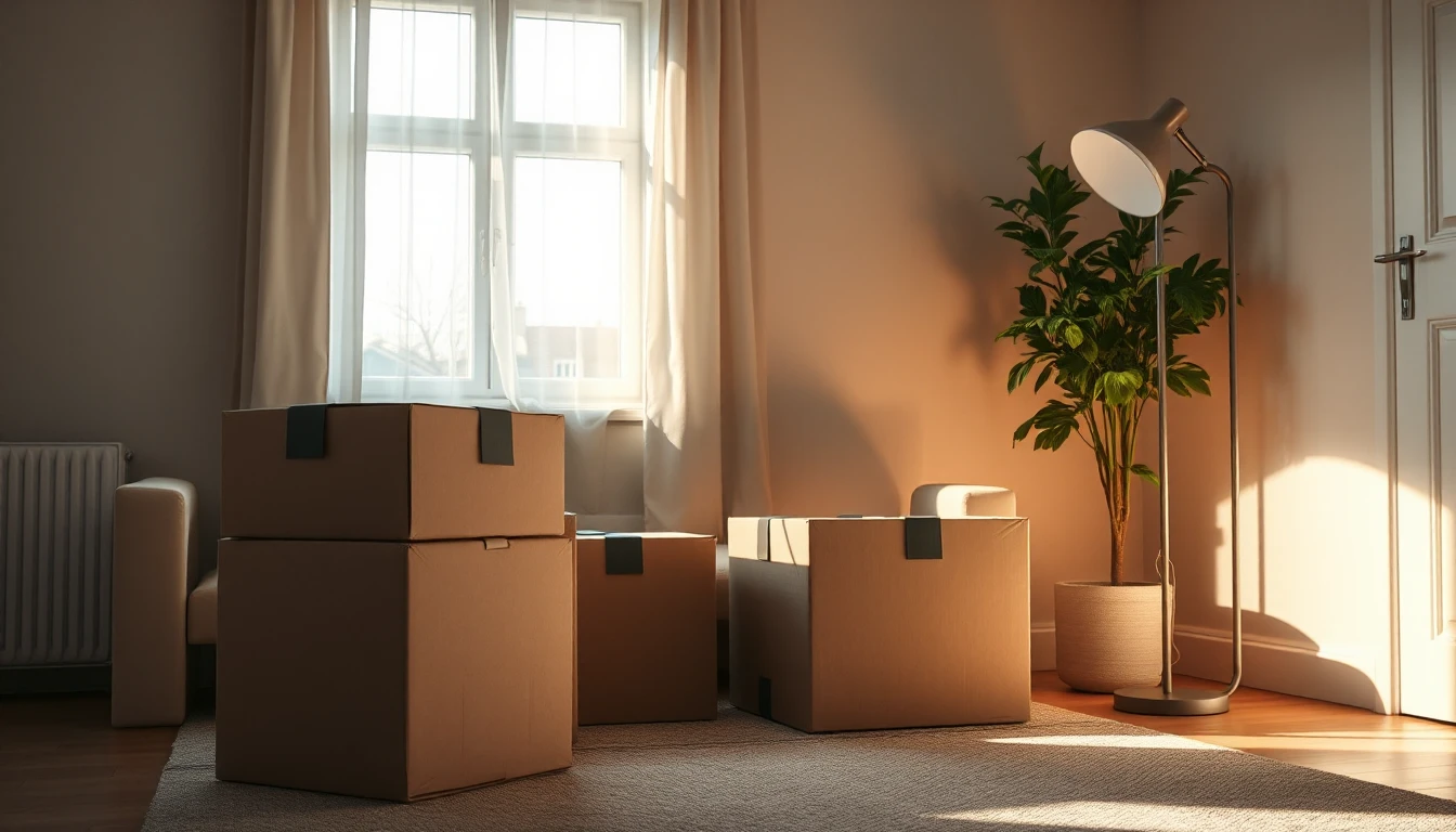 KI-Symbolbild: Schlichte Umzugskartons stehen in einem Wohnzimmer neben einer Topfpflanze und einer Stehlampe im warmen Abendlicht.