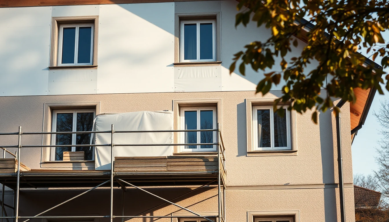 KI-Symbolbild: An einer Hausfassade sind neue Dämmplatten angebracht, davor steht ein Gerüst und Herbstlaub ragt ins Bild.