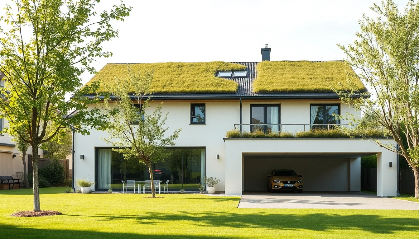 KI-Symbolbild: Ein modernes, helles Einfamilienhaus mit großen Fenstern und begrüntem Dach über dem Carport.