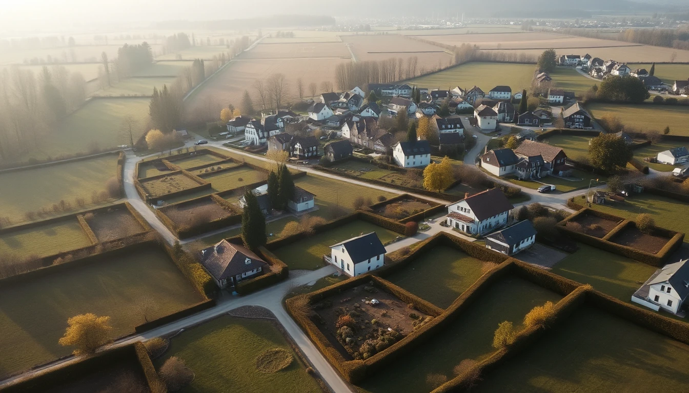 KI-Symbolbild: Luftaufnahme eines Dorfs mit Häusern, Gärten und durch Hecken klar voneinander getrennten Grundstücken im Morgenlicht.