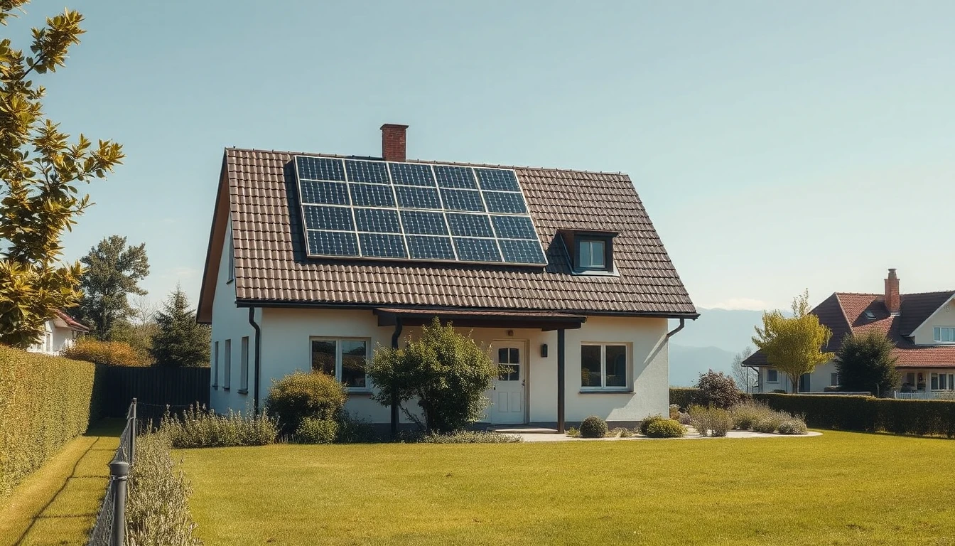 KI-Symbolbild: Ein Einfamilienhaus mit Photovoltaikmodulen auf dem Ziegeldach steht hinter einer grünen Rasenfläche bei klarem Himmel.