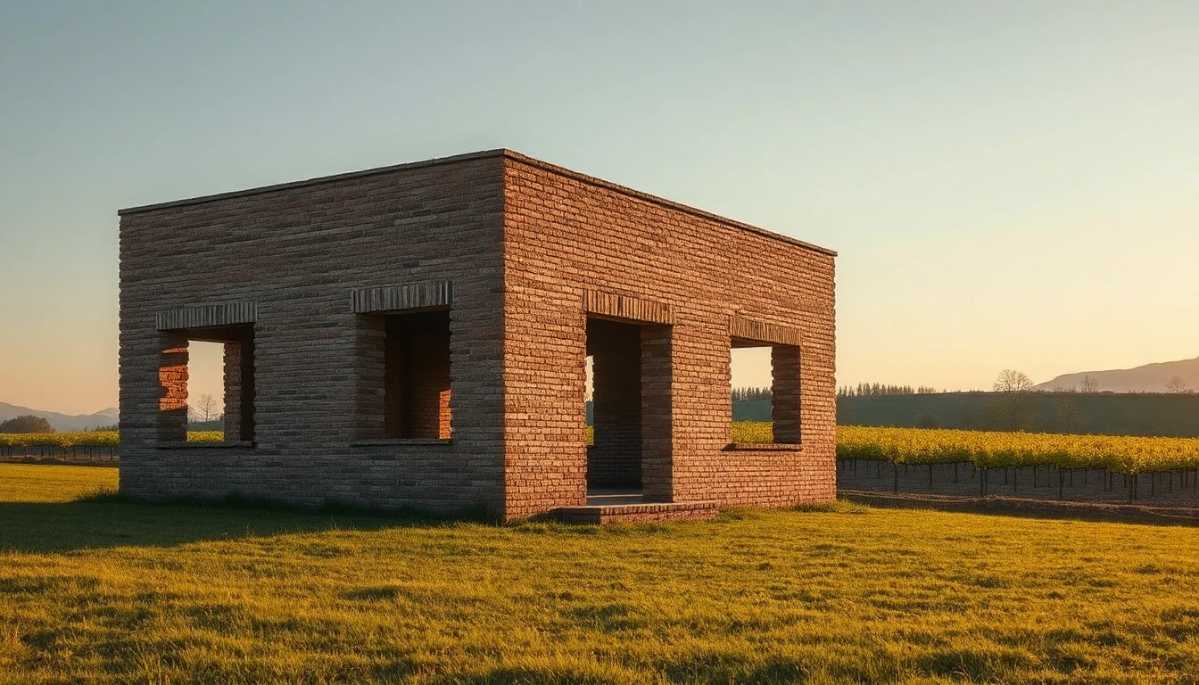 KI-Symbolbild: Ein unfertiger Ziegelrohbau mit offenen Fensteröffnungen steht im Abendlicht auf einer Wiese vor Weingärten.