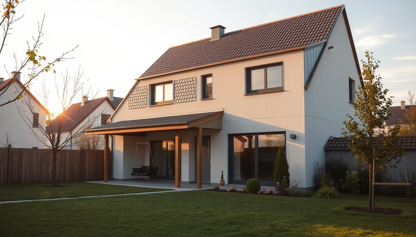 KI-Symbolbild: Ein modernes Einfamilienhaus mit überdachter Terrasse und Hängeschaukel steht im Nachmittagslicht in einer neuen Siedlung.