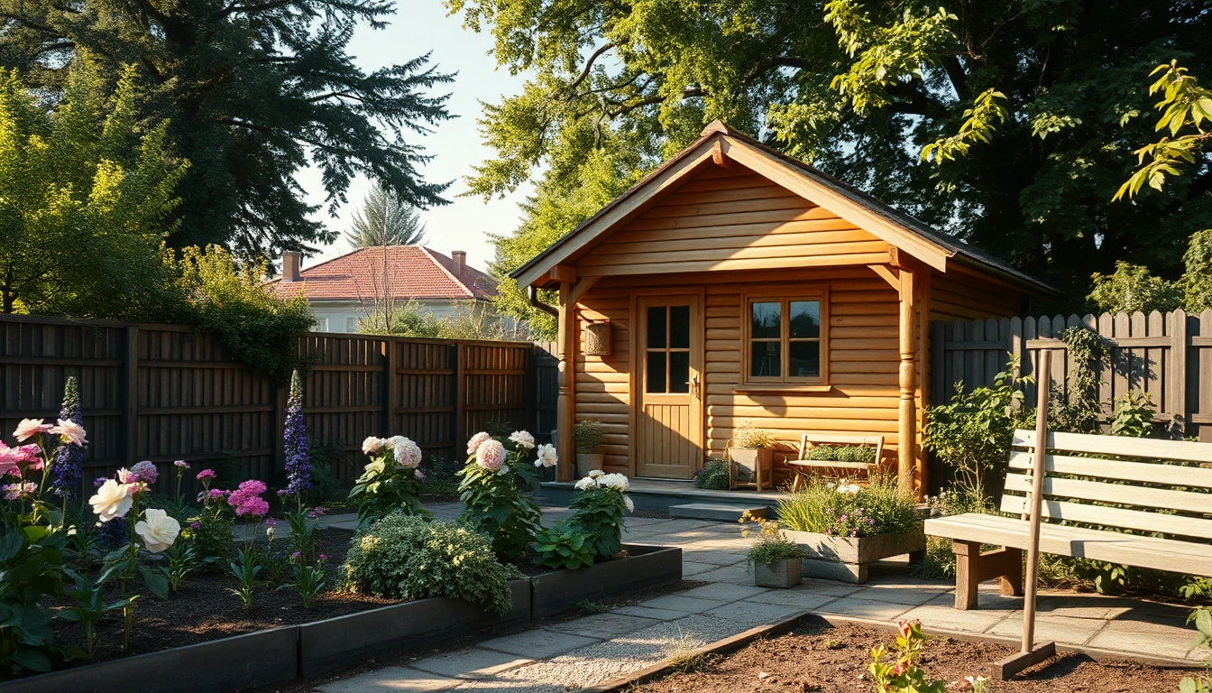 KI-Symbolbild: Ein kleines Gartenhaus aus Holz steht in einem Kleingarten mit blühenden Beeten und einer Gartenbank im Sommerlicht.