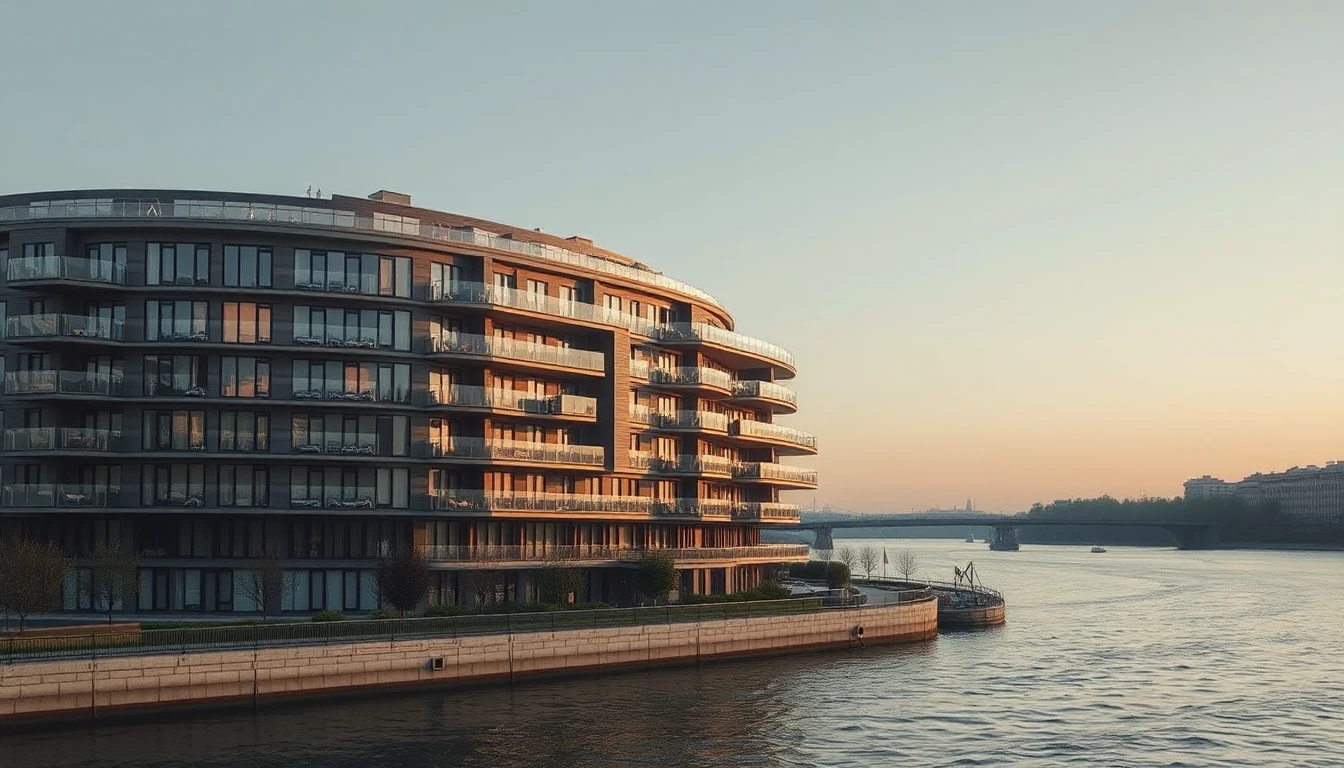 KI-Symbolbild: Ein modernes Wohnhaus mit großen Balkonen steht am Ufer eines breiten Flusses im ruhigen Abendlicht.
