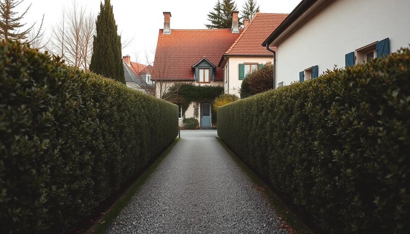 KI-Symbolbild: Ein schmaler Kiesweg führt zwischen zwei hohen Hecken auf ein Haus mit Ziegeldach im Hintergrund zu.