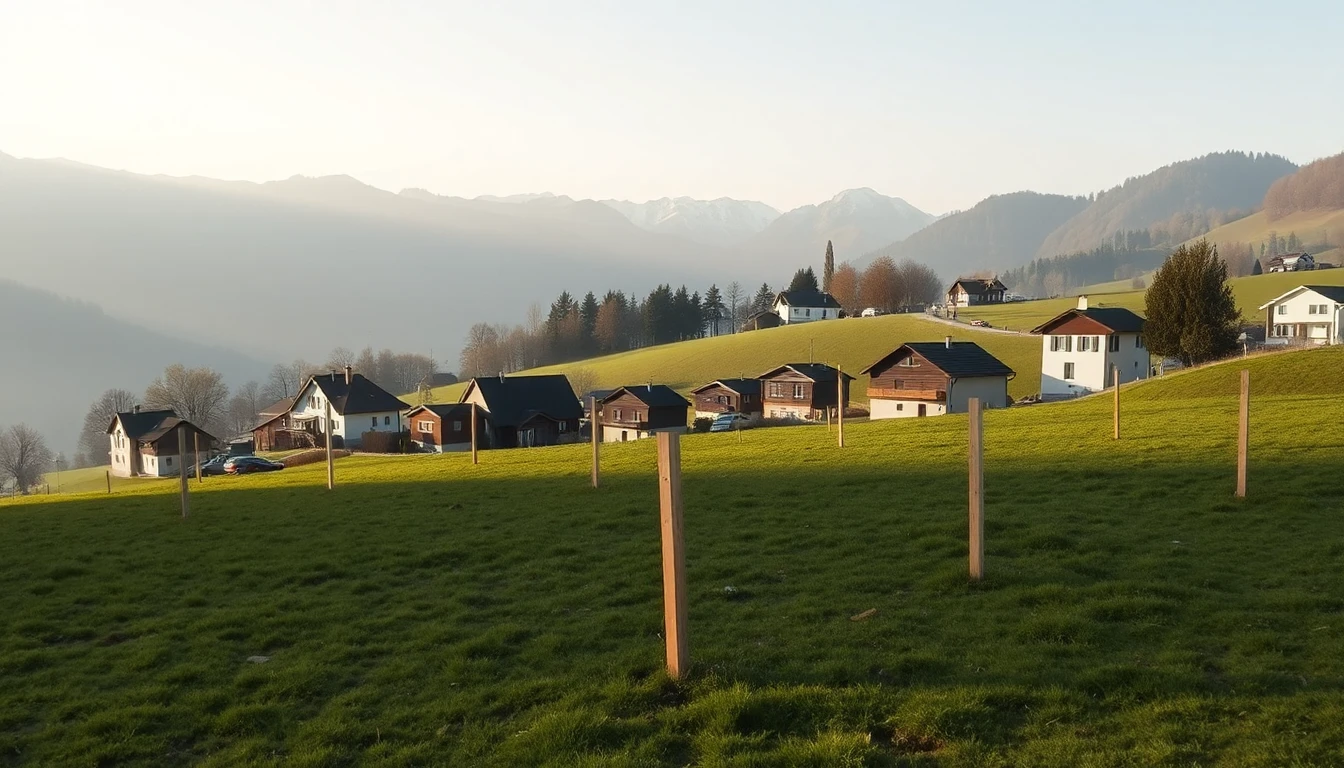 KI-Symbolbild: Eine grüne Hangwiese am Dorfrand ist mit Holzpflöcken abgesteckt, dahinter liegen Häuser und Berge im Morgenlicht.