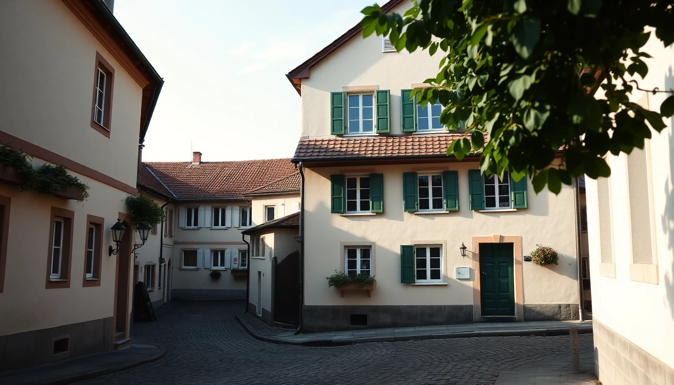 KI-Symbolbild: Ein älteres Stadthaus mit grünen Fensterläden und Ziegeldach steht an einer ruhigen gepflasterten Gasse.
