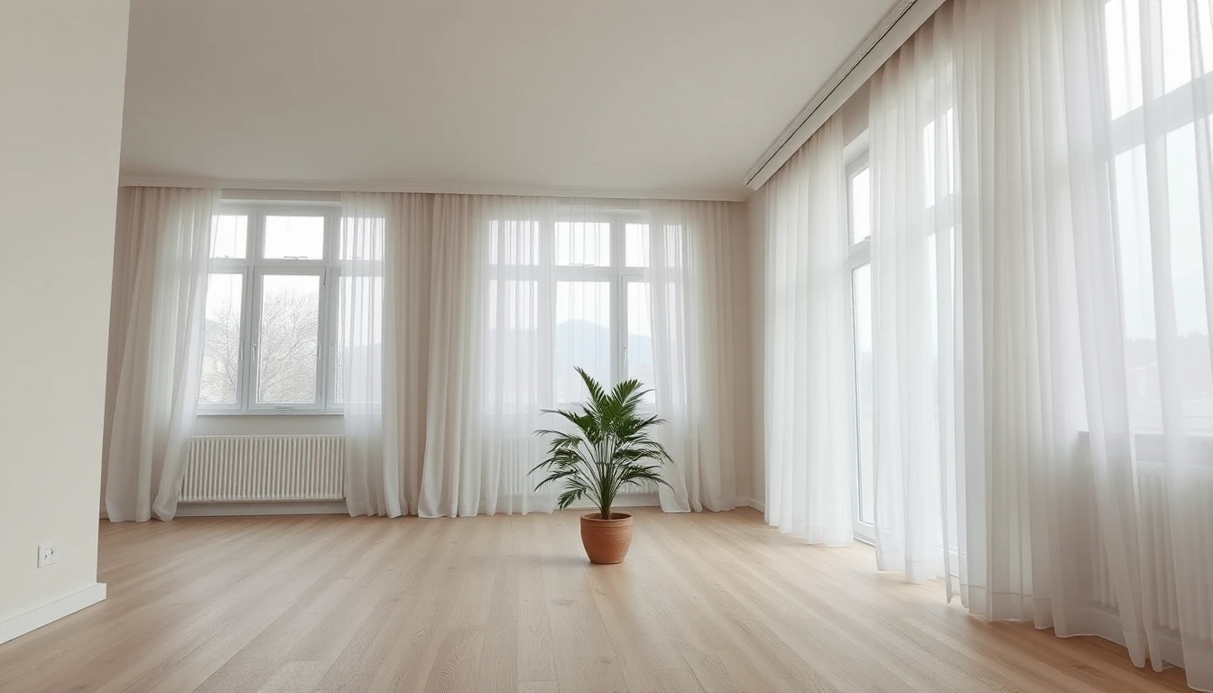 KI-Symbolbild: Ein leeres helles Wohnzimmer mit großen Fenstern und weißen Vorhängen, in der Mitte steht eine einzelne Topfpflanze.