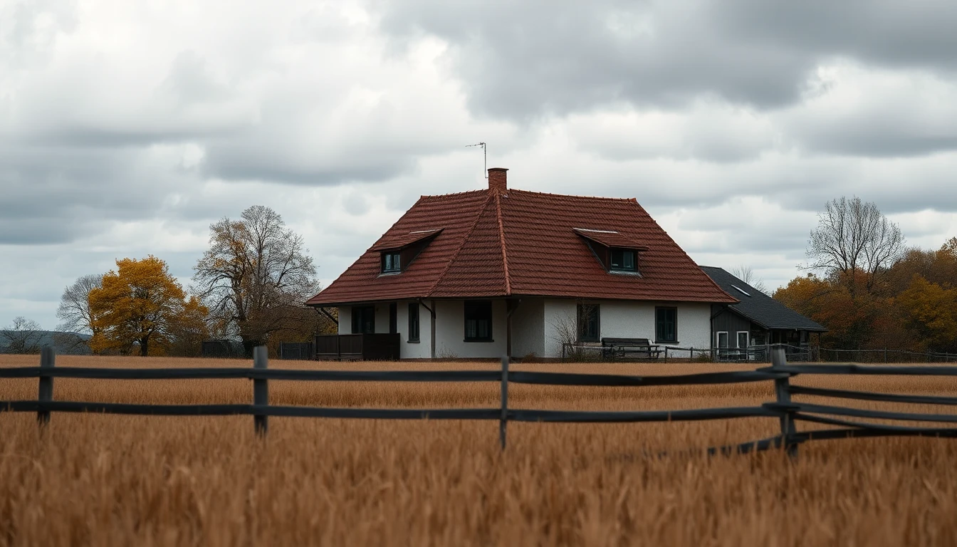 KI-Symbolbild: Ein älteres Haus mit rotem Walmdach steht hinter einem Holzzaun am Rand eines abgeernteten Feldes unter grauen Herbstwolken.