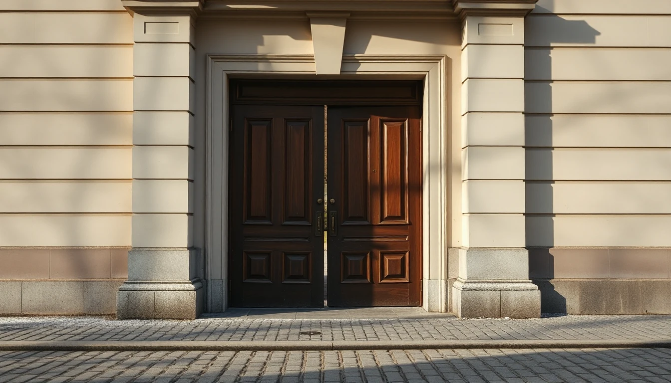 KI-Symbolbild: Eine schwere hölzerne Doppeltür in einer hellen Altbaufassade steht einen Spalt offen, davor liegt Kopfsteinpflaster im Winterlicht.