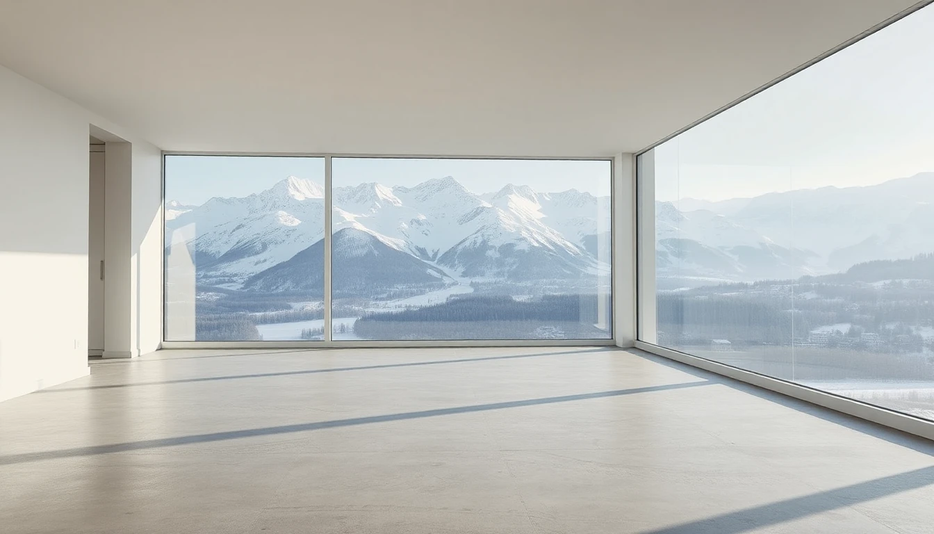 KI-Symbolbild: Eine leere, helle Neubauwohnung mit glattem Betonboden und großen Fenstern gibt den Blick auf verschneite Berge frei.