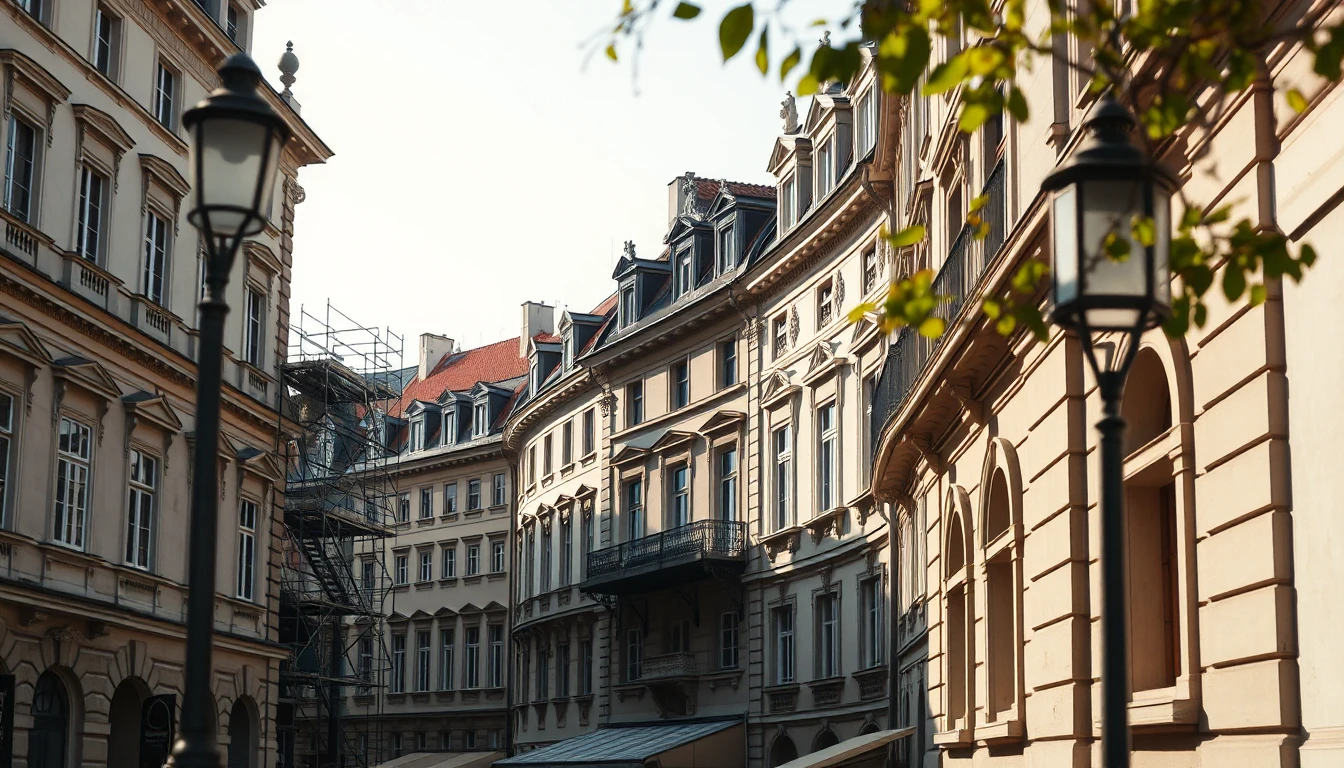 KI-Symbolbild: Eine Reihe historischer Stadthäuser mit Stuckfassaden und alten Straßenlaternen, ein Haus ist eingerüstet, im Vordergrund frisches Laub.
