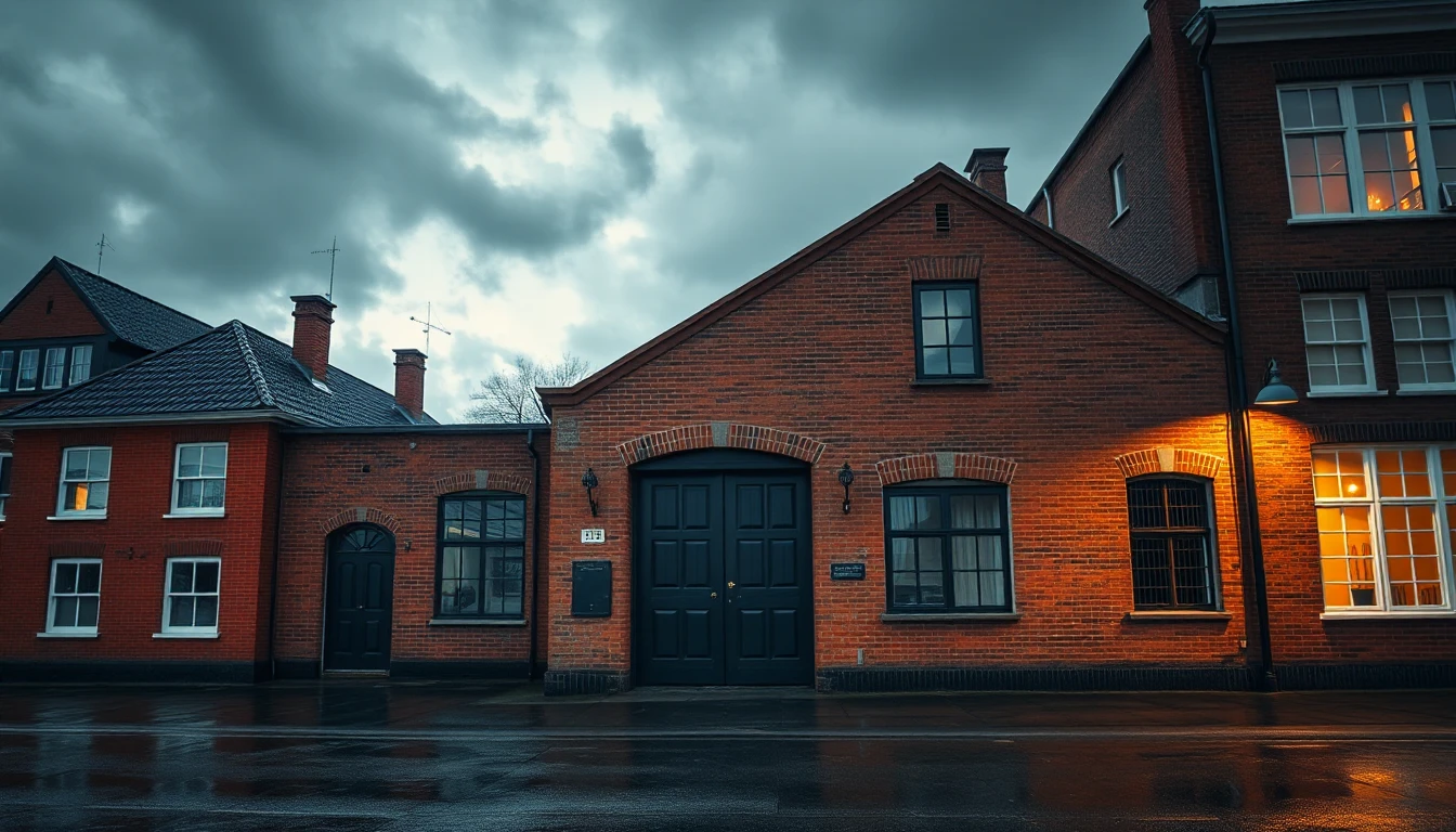 KI-Symbolbild: Ein Backsteinhaus mit geschlossener dunkler Doppeltür steht an einer regennassen Straße unter abziehenden dunklen Wolken.