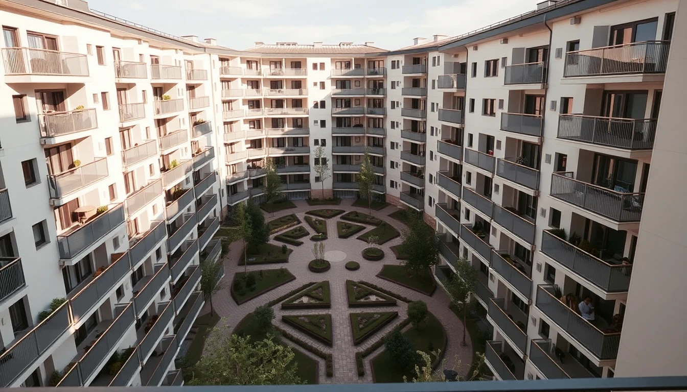 KI-Symbolbild: Blick von einem oberen Stockwerk auf eine große Wohnanlage mit Balkonen rund um einen gestalteten Innenhof.