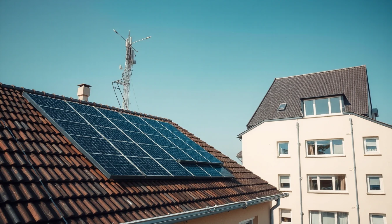 KI-Symbolbild: Auf einem Ziegeldach mit Solarmodulen steht ein kleiner Mobilfunkmast, daneben ein Wohnhaus unter klarem blauem Himmel.