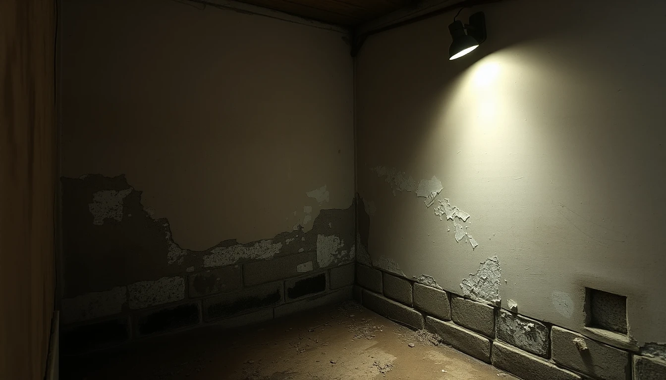 KI-Symbolbild: Eine feuchte Kellerwand mit abblätterndem Putz und weißen Salzausblühungen wird von einer Lampe angestrahlt.